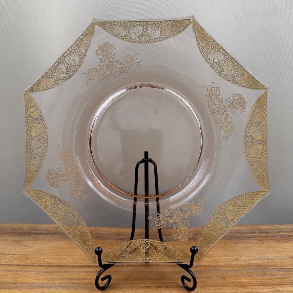 Vintage Pink Depression Glass Octagonal Plate Gold Encrusted Acorn Floral 8.75in